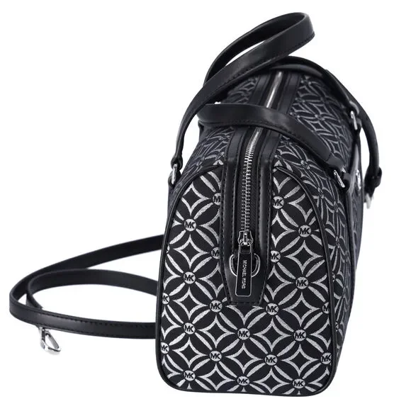 Michael Kors Jet Set Medium Duffle Bag Black Silver Logo Silver Metallic - Picture 4 of 4